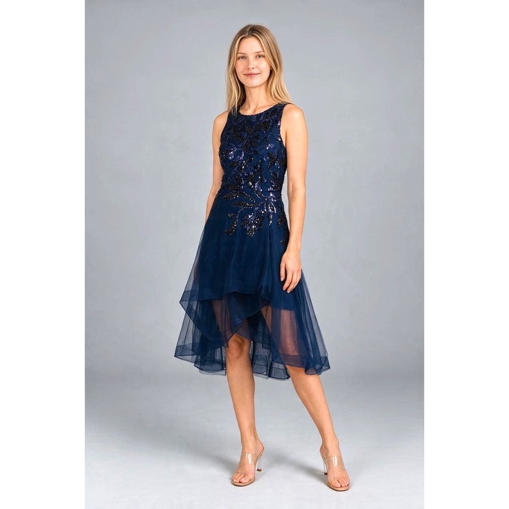 Adrianna Papell Navy Blue Sequin Tiered Tulle Midi Dress Size 12